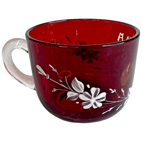 Antique Ruby Red Flash White Clear Grandma 1897 Mug Cup Hand Painted Flowers - Picture 4 of 9